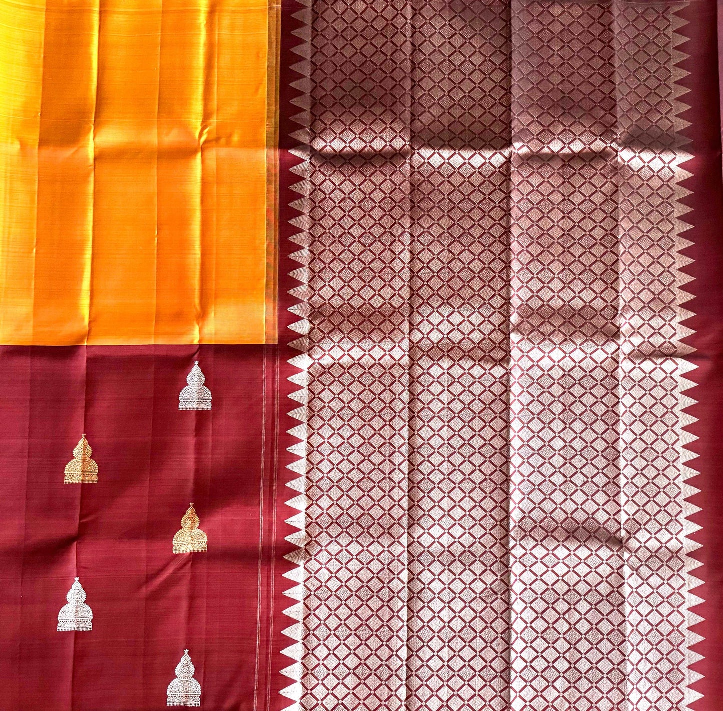 Maroon and Mustard Half & Half Silk Saree without  Border