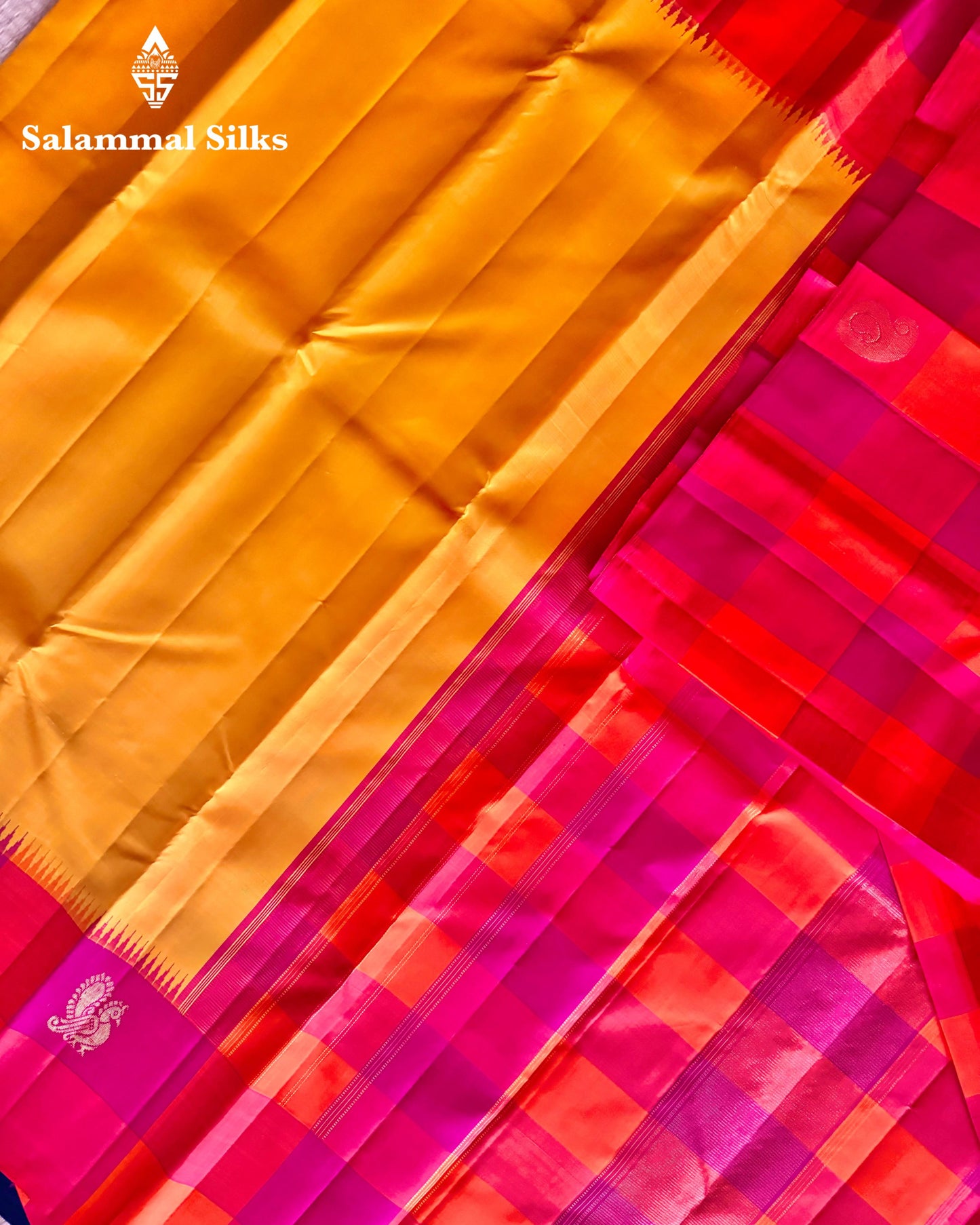 Yellow Silk Saree with Multicolour Checks Border