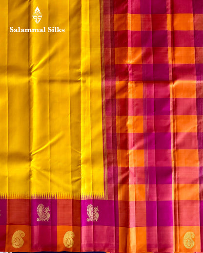 Yellow Silk Saree with Multicolour Checks Border