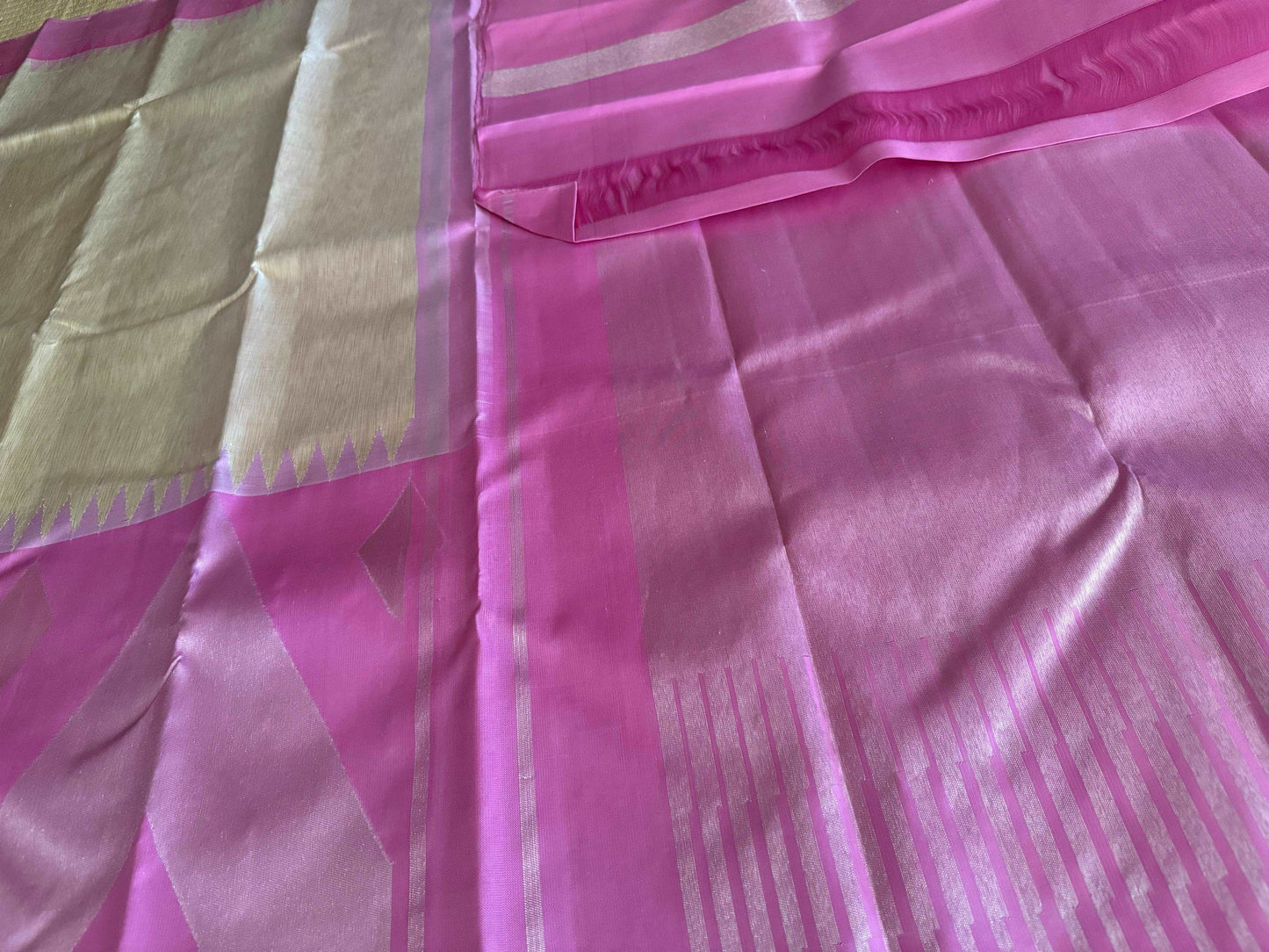 Half White Silk Saree with Baby Pink Border