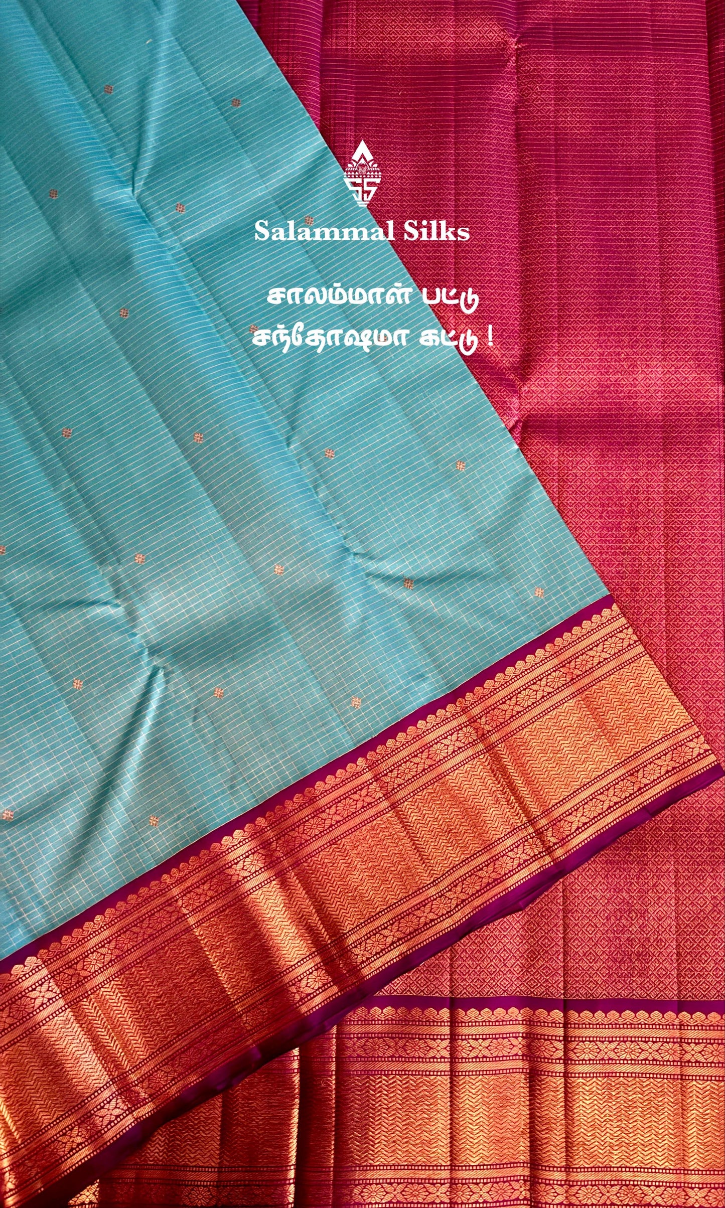 Sky Blue Small Checks Silk Saree with Magenta Border