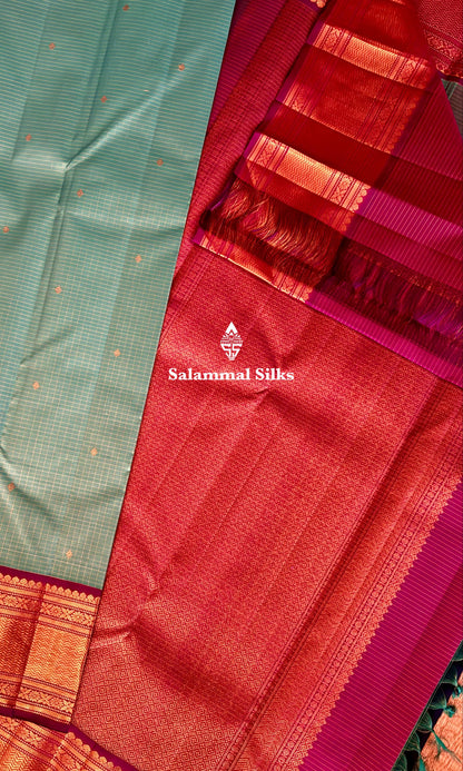 Sky Blue Small Checks Silk Saree with Magenta Border