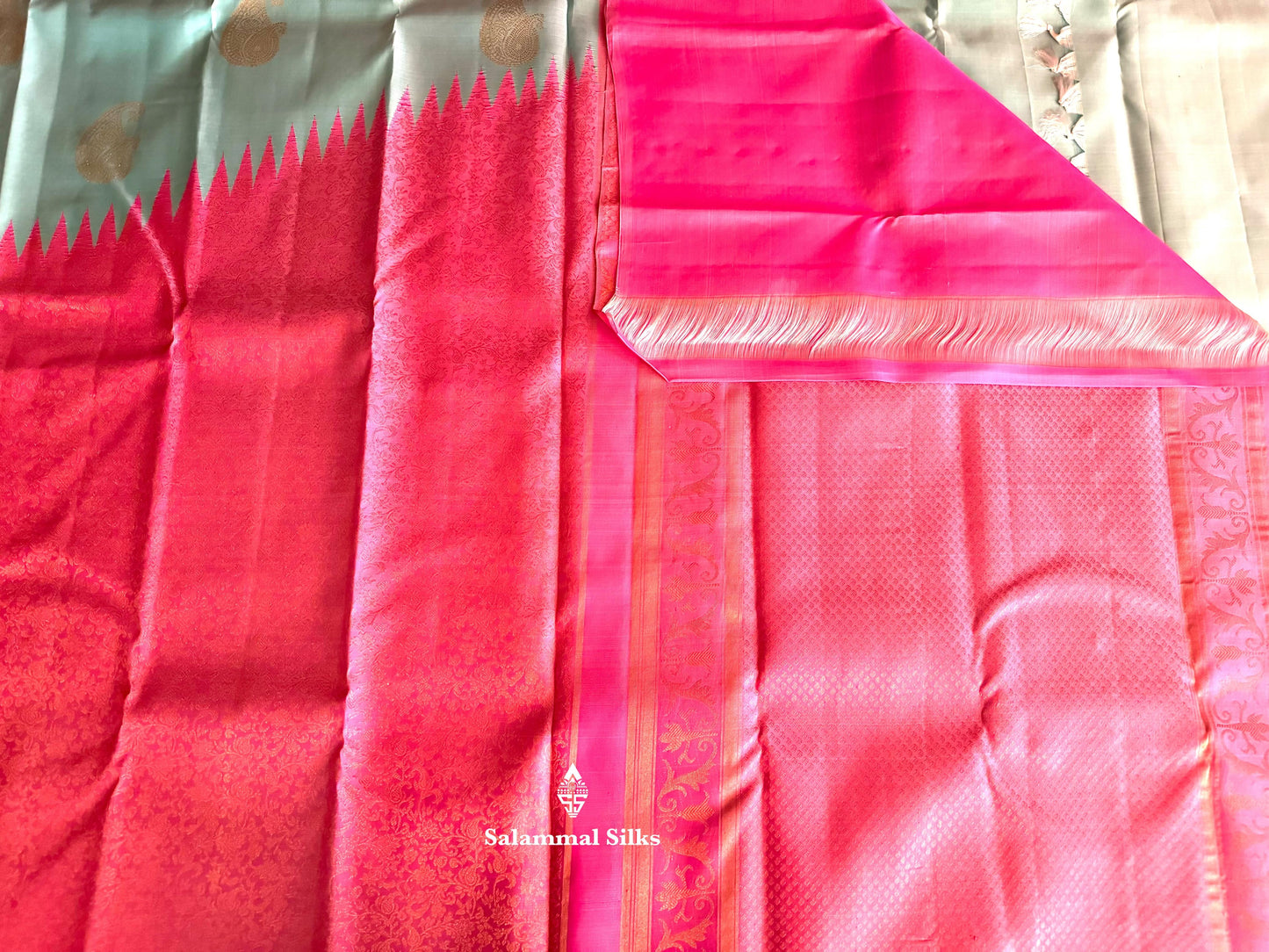 Teal Silk Saree with Rising Baby Pink Border