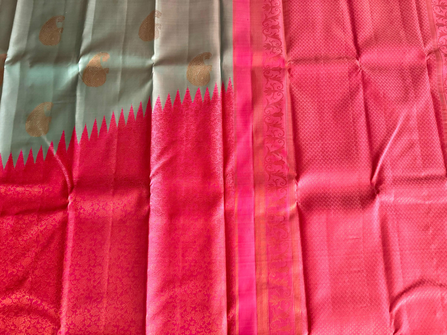 Teal Silk Saree with Rising Baby Pink Border