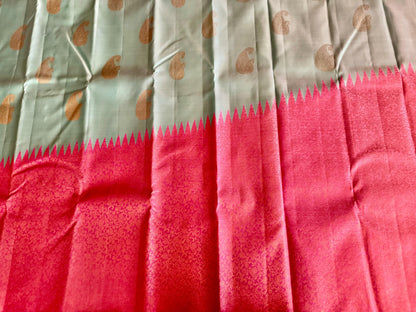 Teal Silk Saree with Rising Baby Pink Border