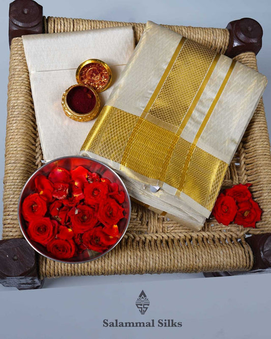 Half White Pure Silk Dhoti, Angavastram & Shirt (2.50M) with Gold Zari Border