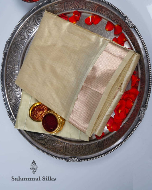 Light Elaichi Green Pure Silk Dhoti, Angavastram & Shirt (2.50M) with Copper Zari Border