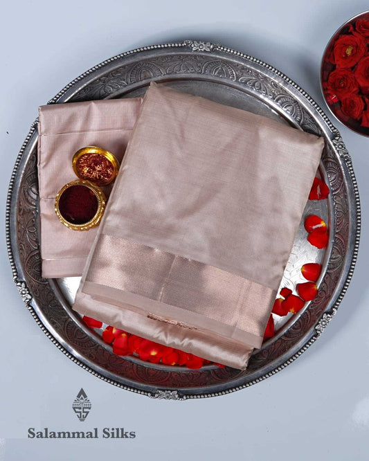 Light Copper Pure Silk Dhoti, Angavastram & Shirt (2.50M) with Copper Zari Border