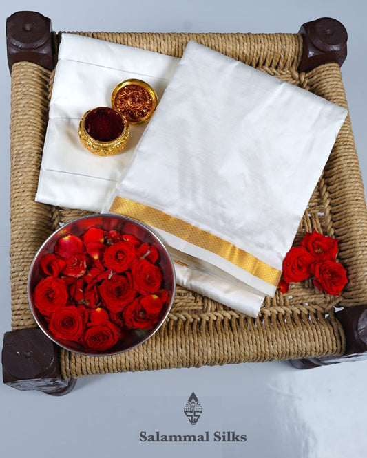 White Pure Silk Dhoti, Angavastram  with Gold Zari Border