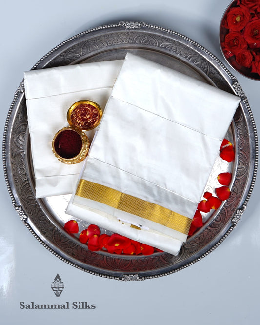 White Pure Silk Dhoti, Angavastram with Gold Zari Border