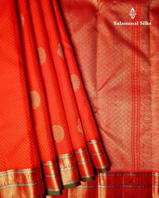 Pure Zari Reddish Orange Kanjivaram Pure Silk Saree