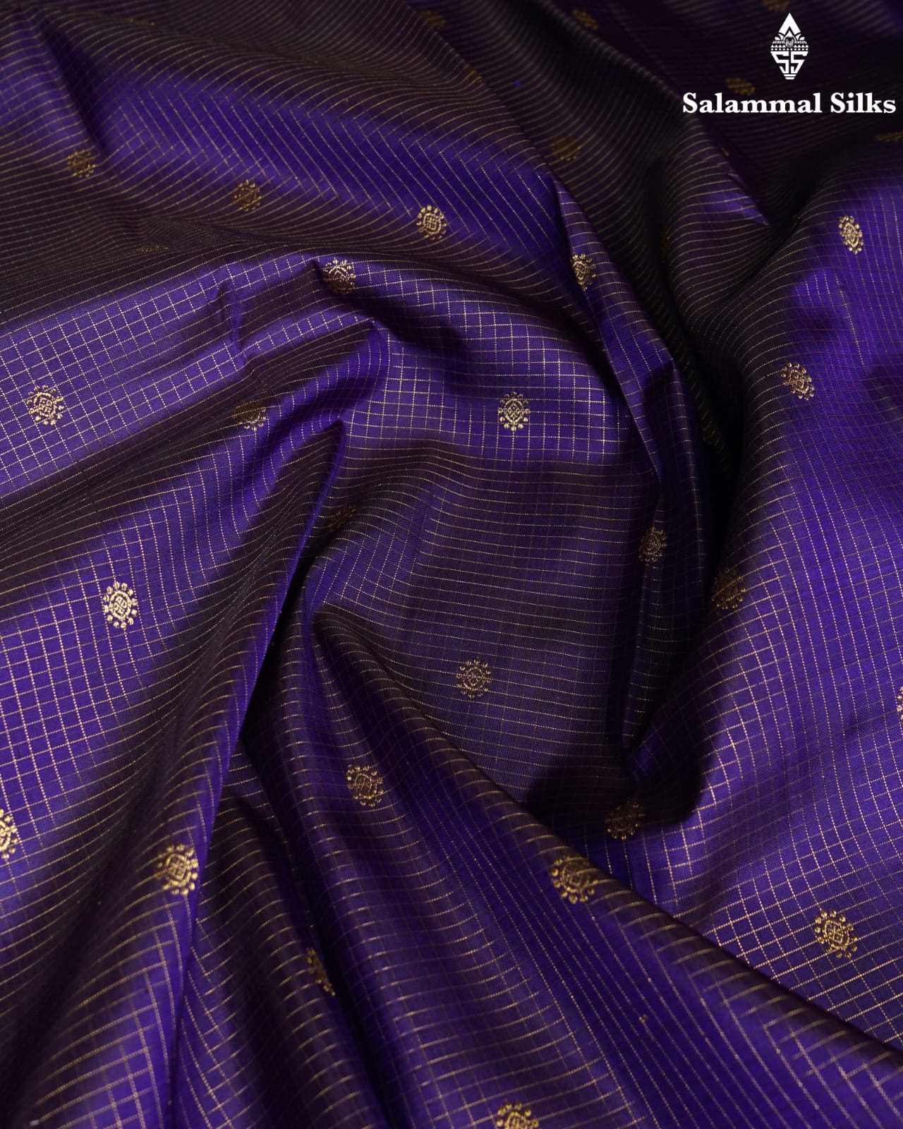 Pure Zari Purple Checks Kanjivaram Pure Silk Saree With Orange Border