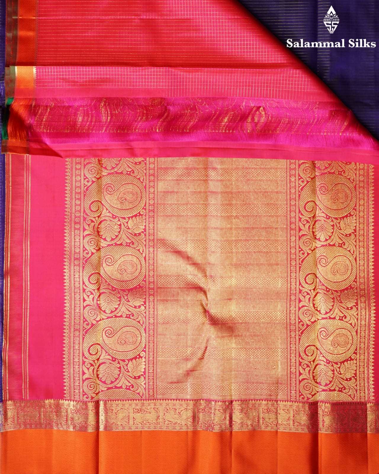 Pure Zari Purple Checks Kanjivaram Pure Silk Saree With Orange Border