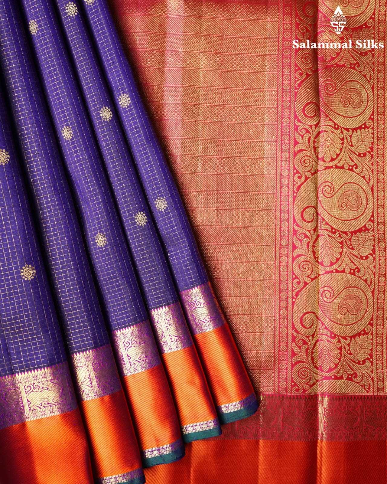 Pure Zari Purple Checks Kanjivaram Pure Silk Saree With Orange Border