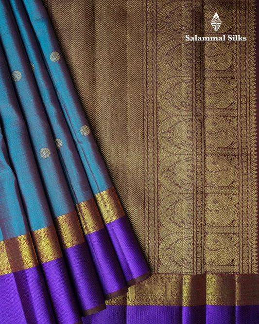 Pure Zari Peacock Blue Kanjivaram Pure Silk Saree With Violet Border