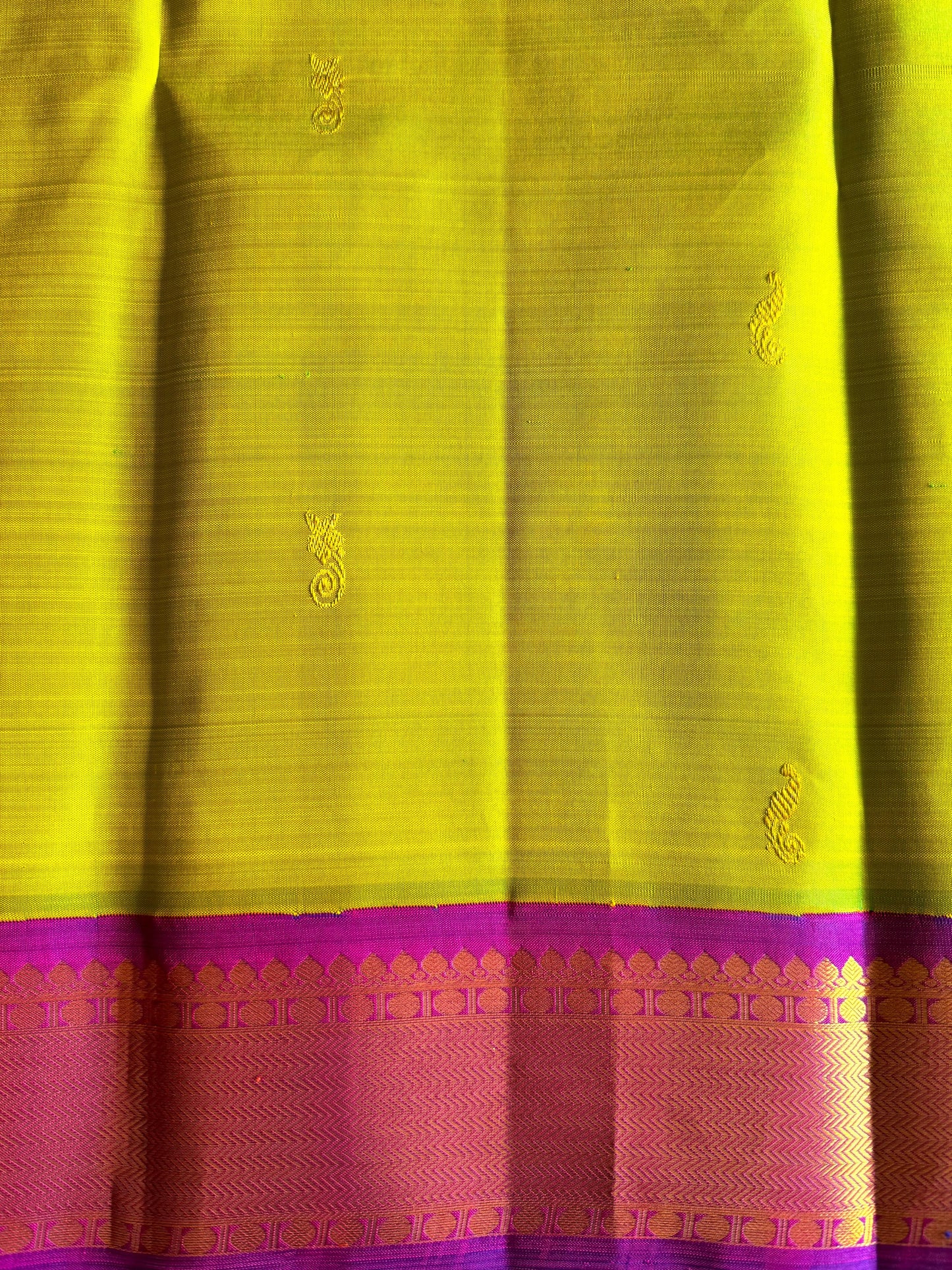 Yellowish Green Silk Saree With Violet Border