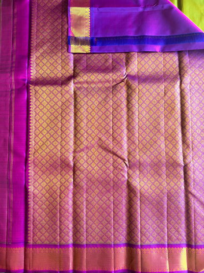 Yellowish Green Silk Saree With Violet Border