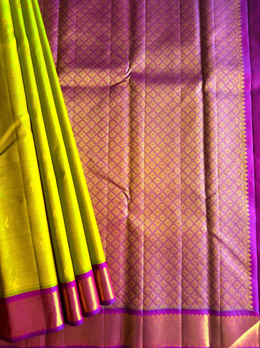 Yellowish Green Silk Saree With Violet Border