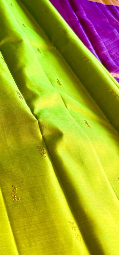 Yellowish Green Silk Saree With Violet Border