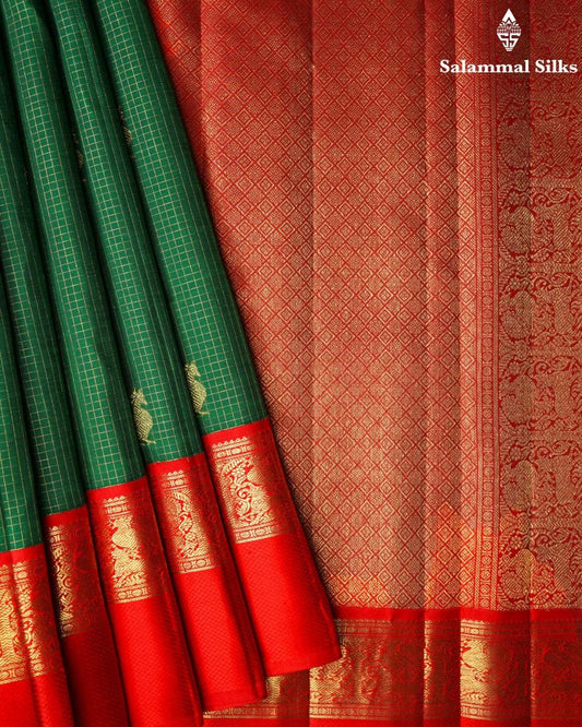 Pure Zari Bottle Green Kanjivaram Pure Silk Saree With Red Border