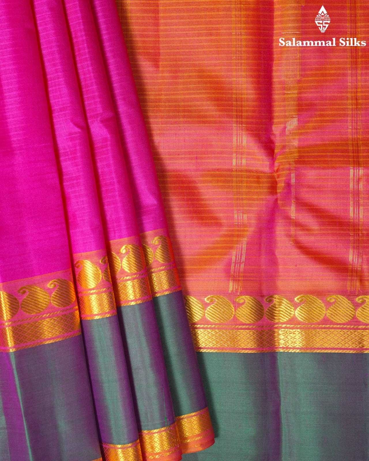 Pink Silk Saree With Bottle Green Border