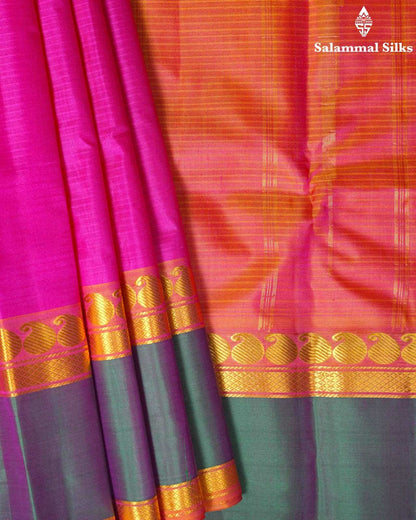 Pink Silk Saree With Bottle Green Border