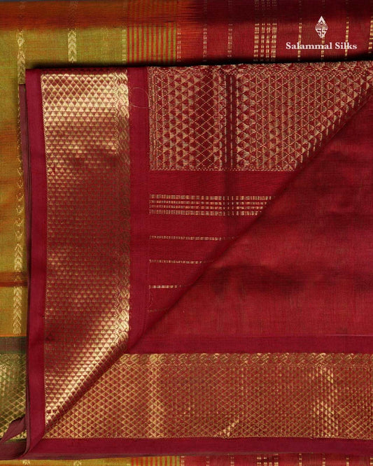 Mustard with Parrot Green Zari Lines Kanjivaram Pure Silk Cotton with Maroon Border