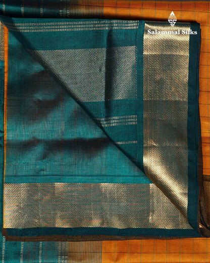 Mango Yellow Small Thread Checks Kanjivaram Pure Silk Cotton with Sapphire Green Border