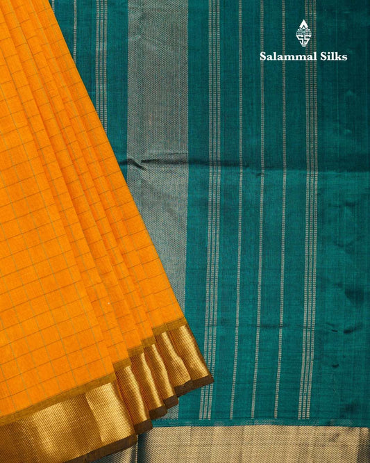 Mango Yellow Small Thread Checks Kanjivaram Pure Silk Cotton with Sapphire Green Border