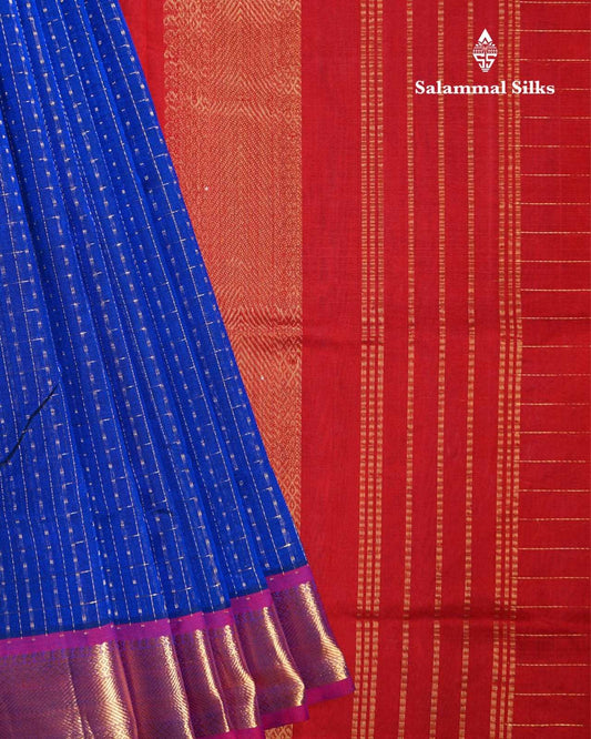 Navy Blue Zari Checks Kanjivaram Pure Silk Cotton with Red Border