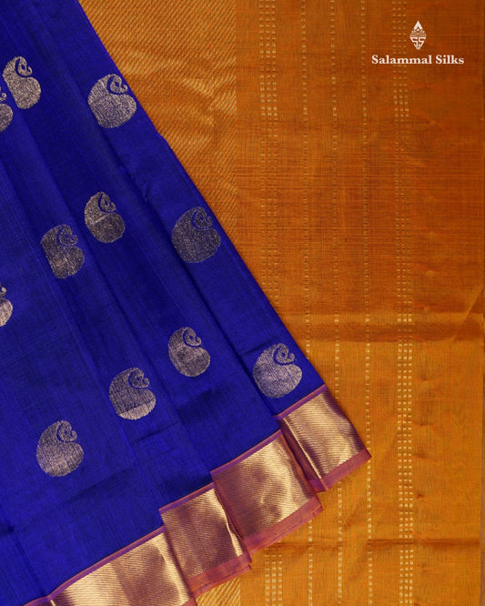 Violet Big Butta Kanjivaram Pure Silk Cotton with Mustard Yellow Border