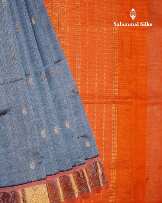 Grey Vairaoosi Small Butta Kanjivaram Pure Silk Cotton with Orange Border