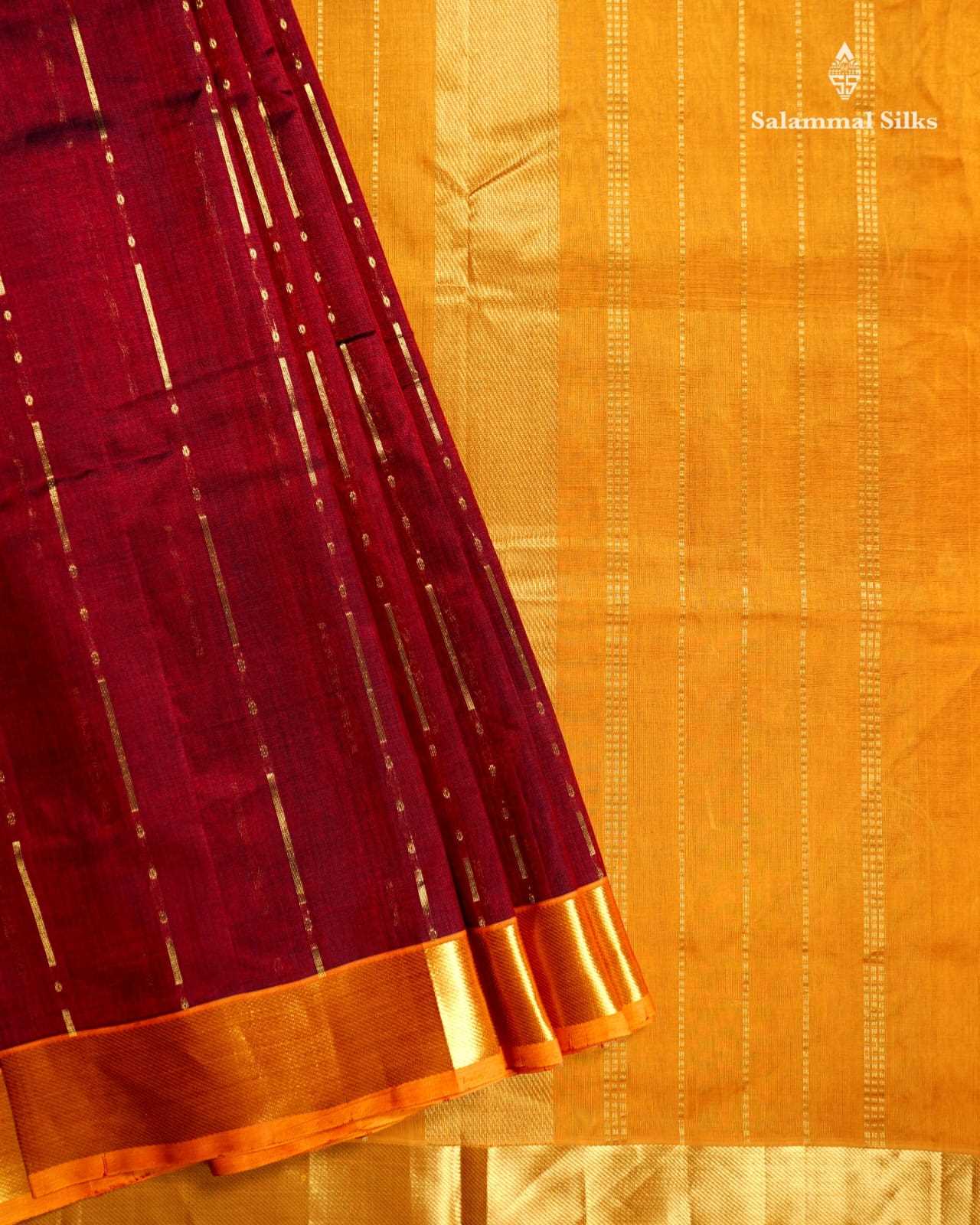 Maroon Gold Zari Line Kanjivaram Pure Silk Cotton with Mustard Yellow Border