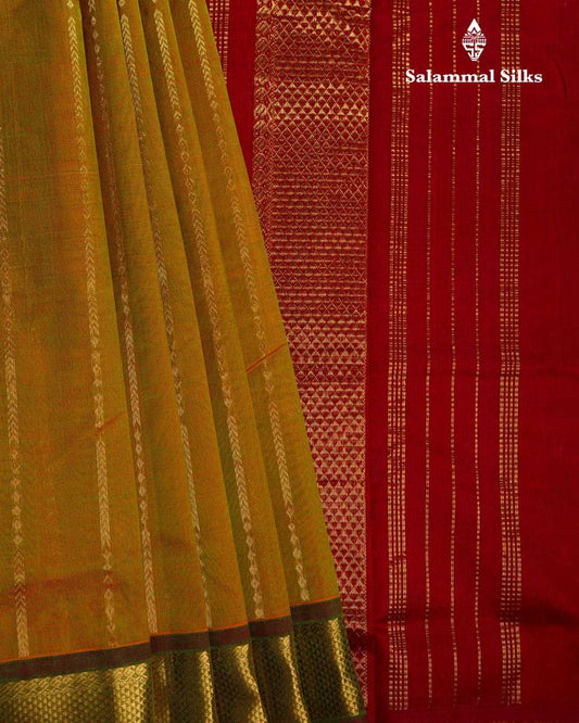 Manthuli Green Zari Lines Kanjivaram Pure Silk Cotton with Maroon Border