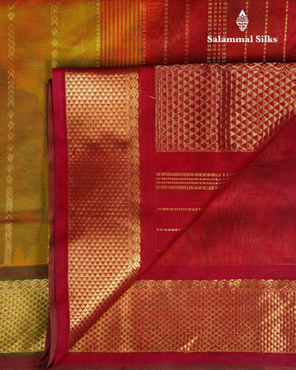 Manthuli Green Zari Lines Kanjivaram Pure Silk Cotton with Maroon Border