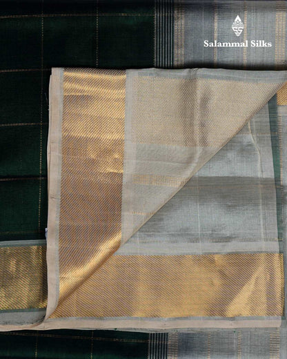 Bottle Green Zari checks Kanjivaram Pure Silk Cotton with Half White Border