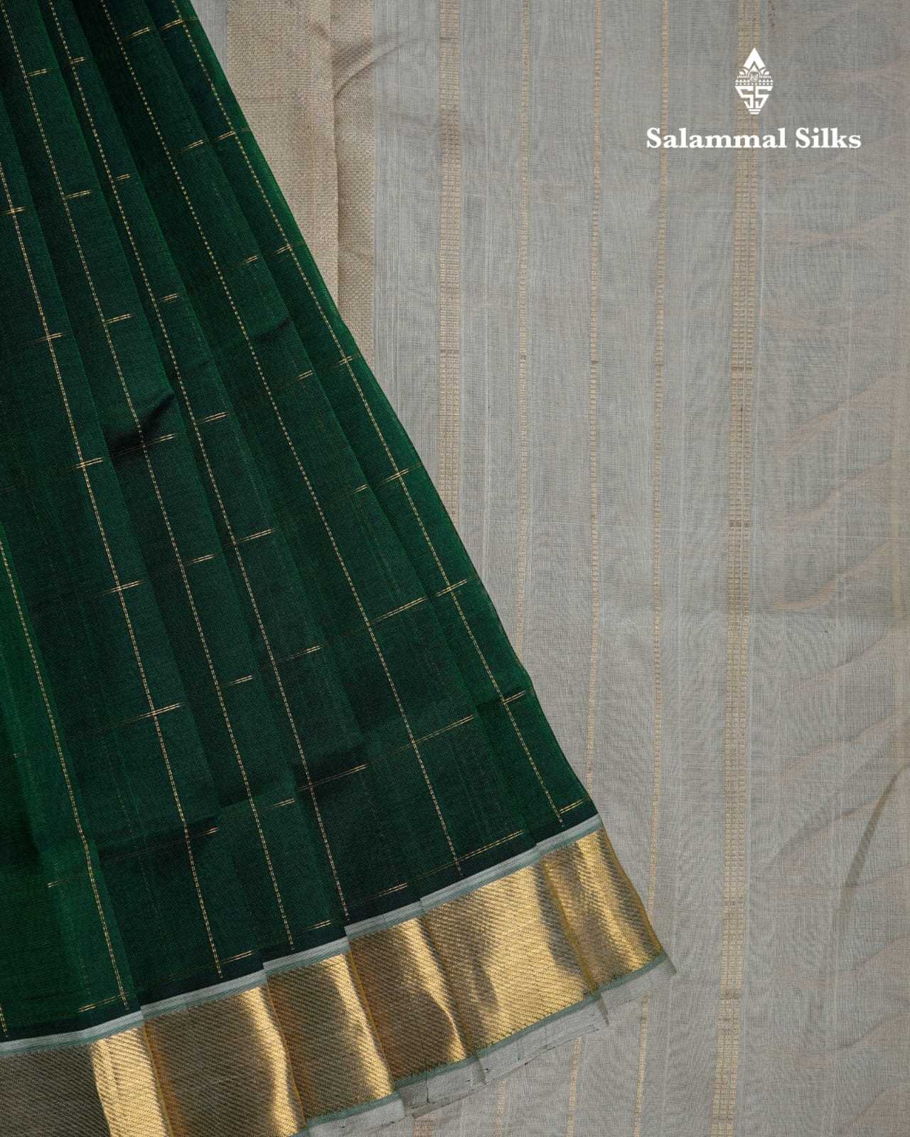 Bottle Green Zari checks Kanjivaram Pure Silk Cotton with Half White Border