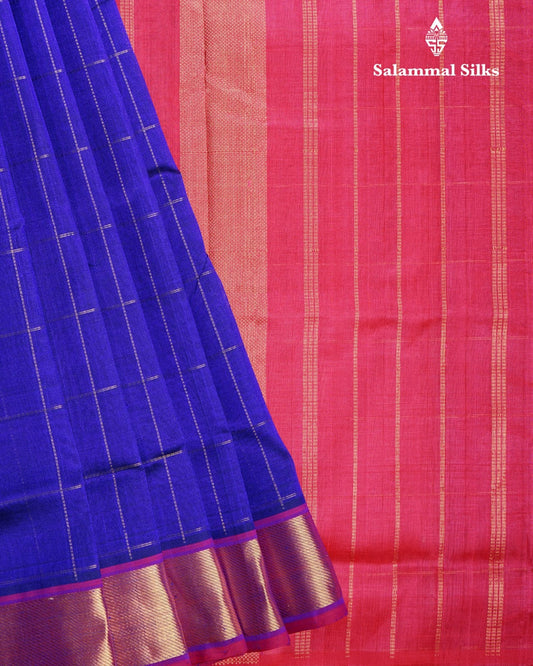 Violet Zari checks Kanjivaram Pure Silk Cotton with Reddish Pink Border