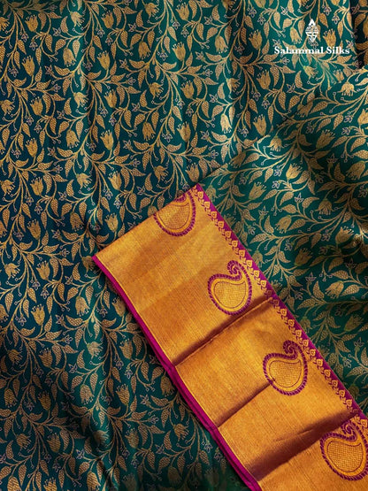 Peacock Green Silk Saree With Magenta Border