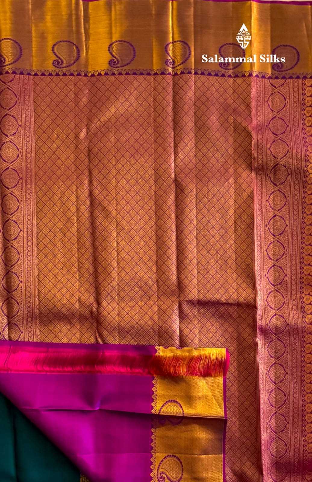 Peacock Green Silk Saree With Magenta Border