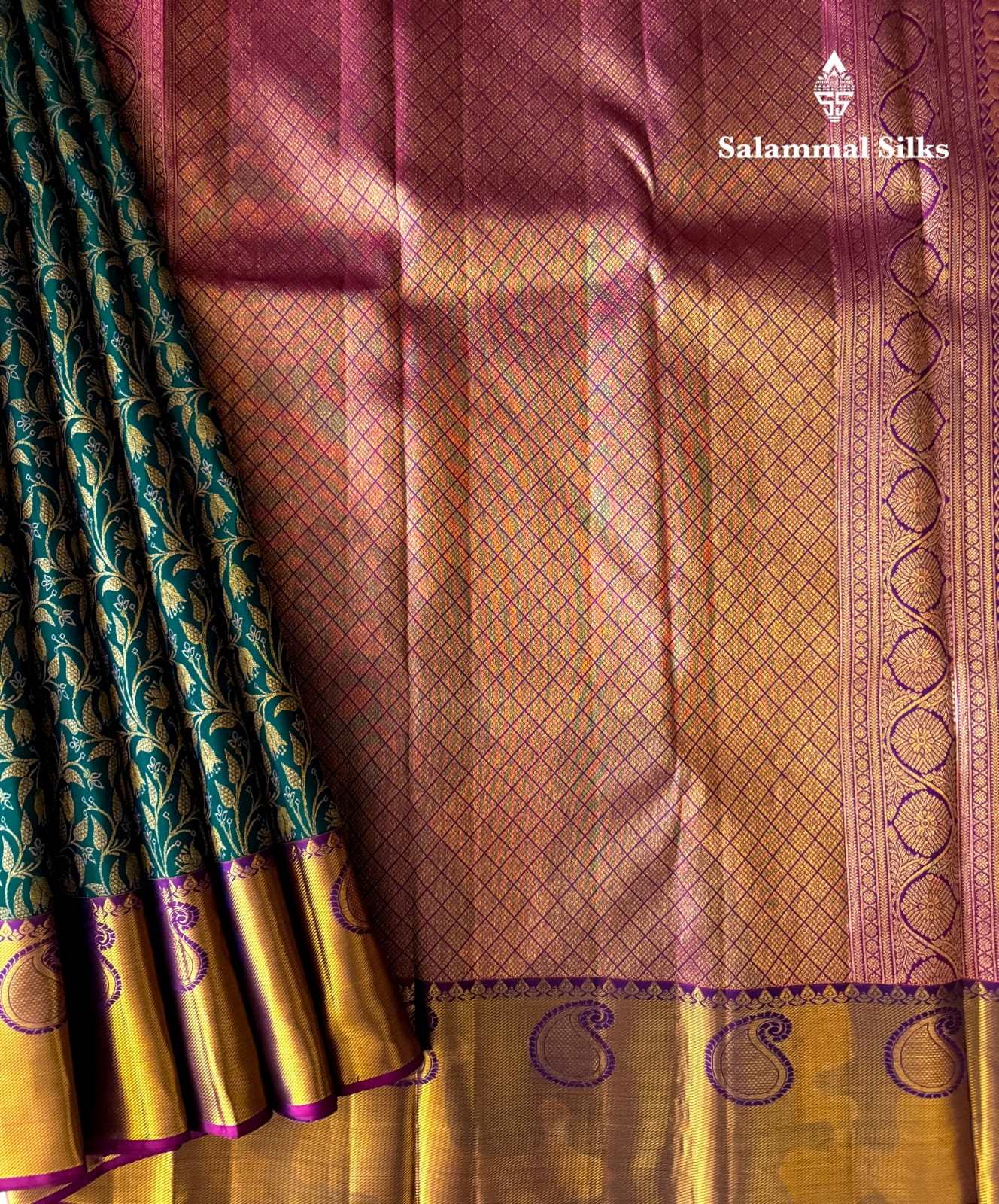 Peacock Green Silk Saree With Magenta Border