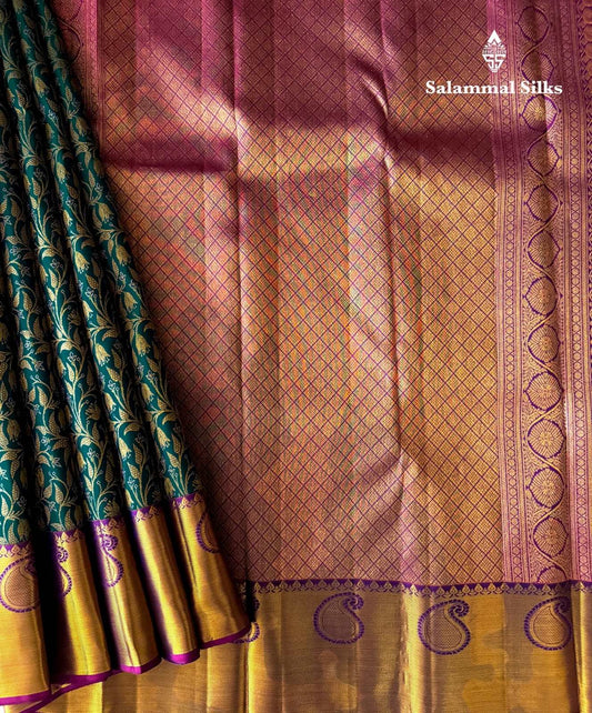 Peacock Green Silk Saree With Magenta Border