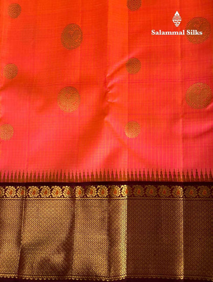 Pinkish Orange Kanjivaram Pure Silk Saree 2G Zari With Brown Border