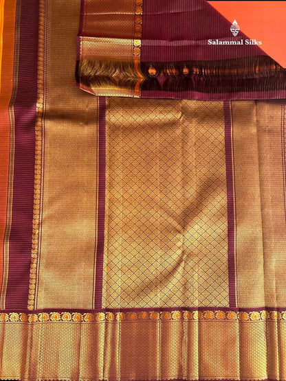 Pinkish Orange Kanjivaram Pure Silk Saree 2G Zari With Brown Border