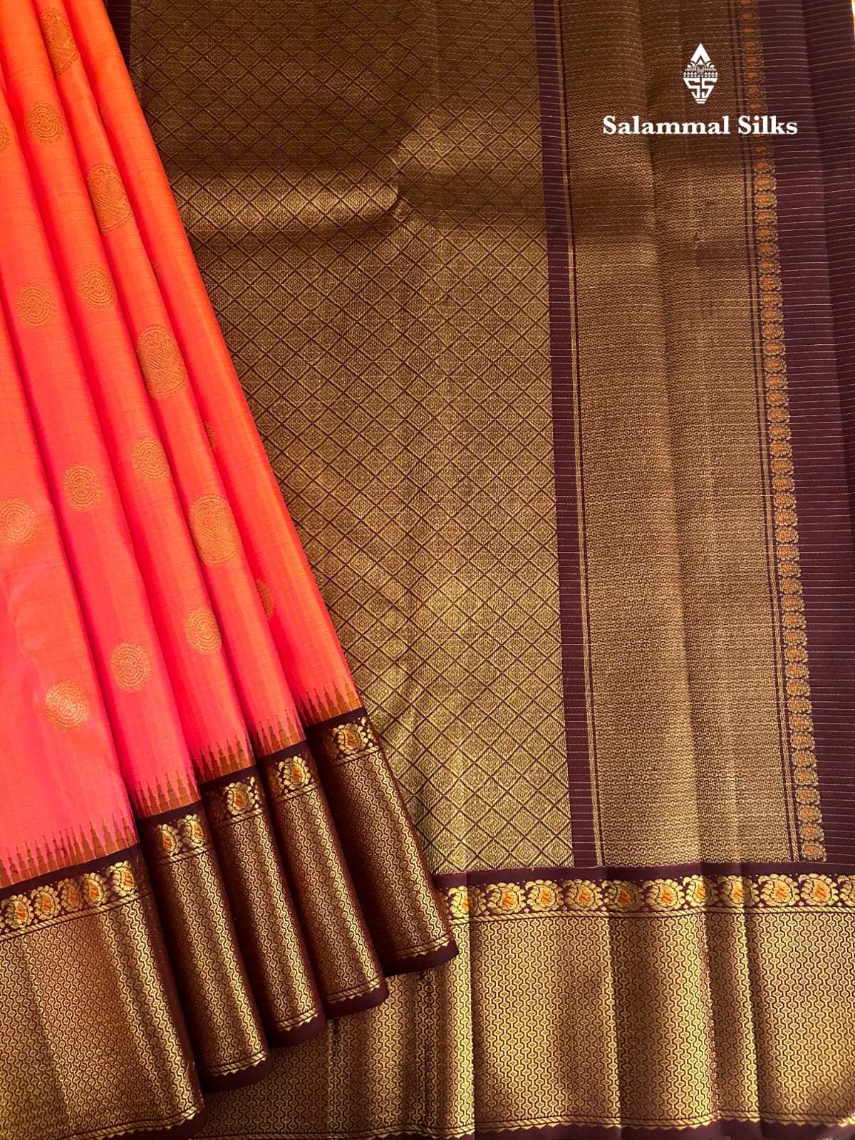 Pinkish Orange Kanjivaram Pure Silk Saree 2G Zari With Brown Border