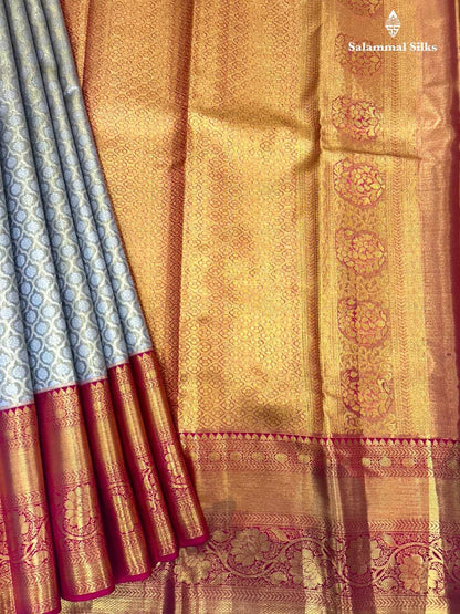 Kanjivaram Gold With Ash Tissue Silk Saree With Red Border