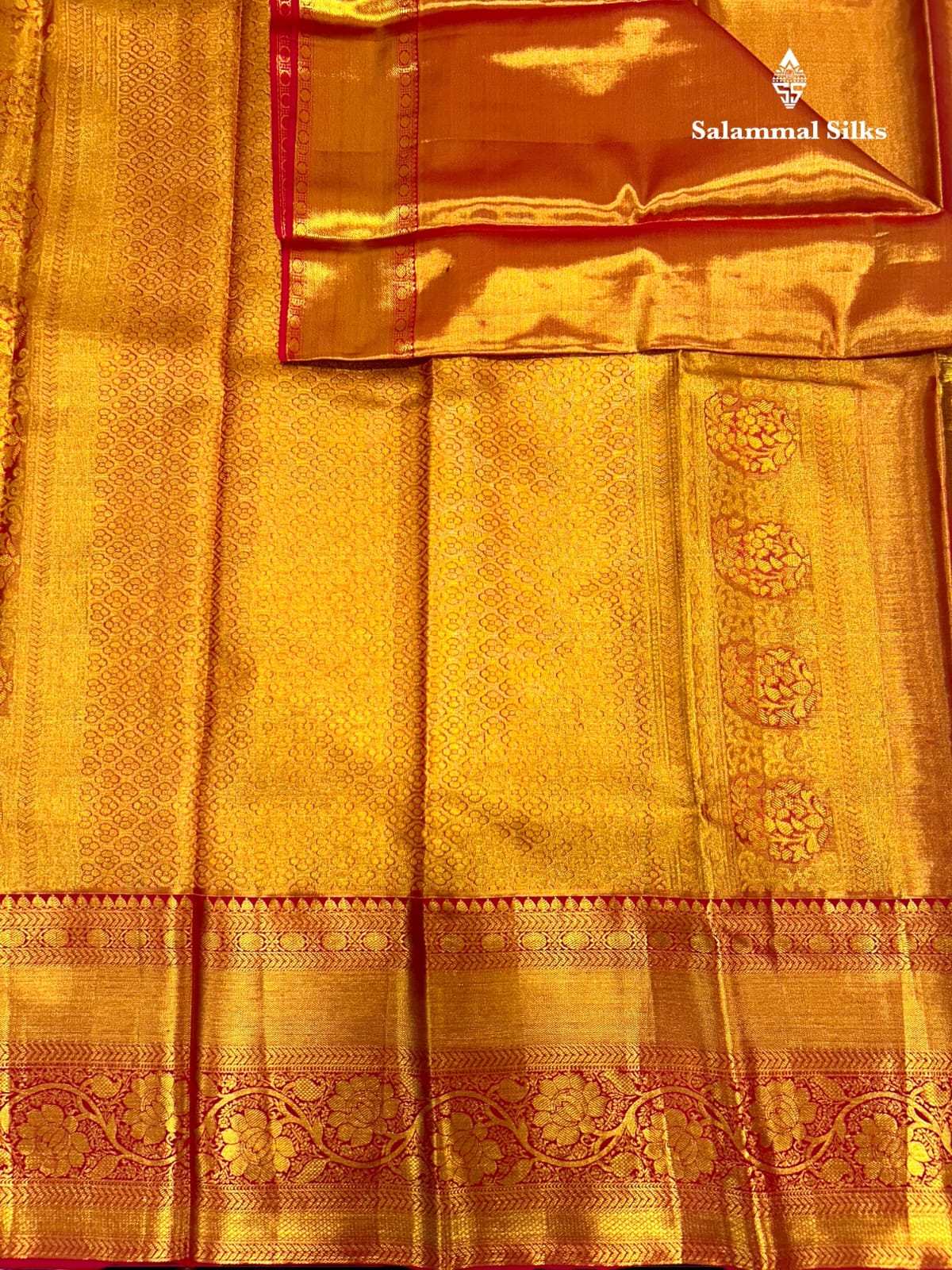 Kanjivaram Gold With Ash Tissue Silk Saree With Red Border