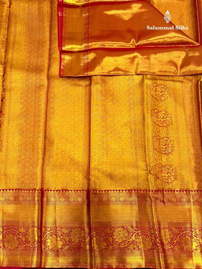 Kanjivaram Gold With Ash Tissue Silk Saree With Red Border