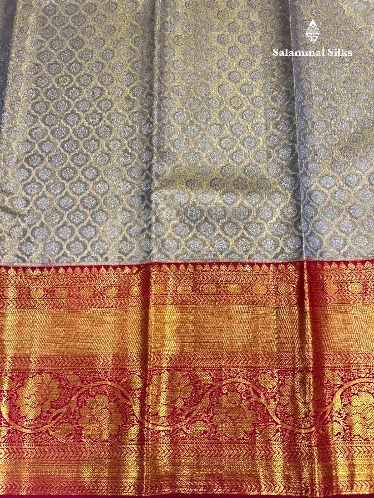 Kanjivaram Gold With Ash Tissue Silk Saree With Red Border