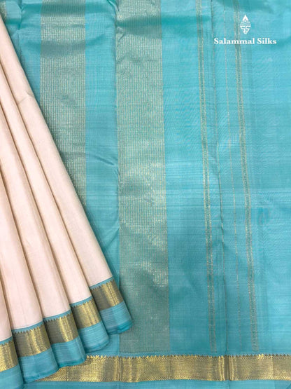 Kanjivaram Half White Silk Saree With Teal Border